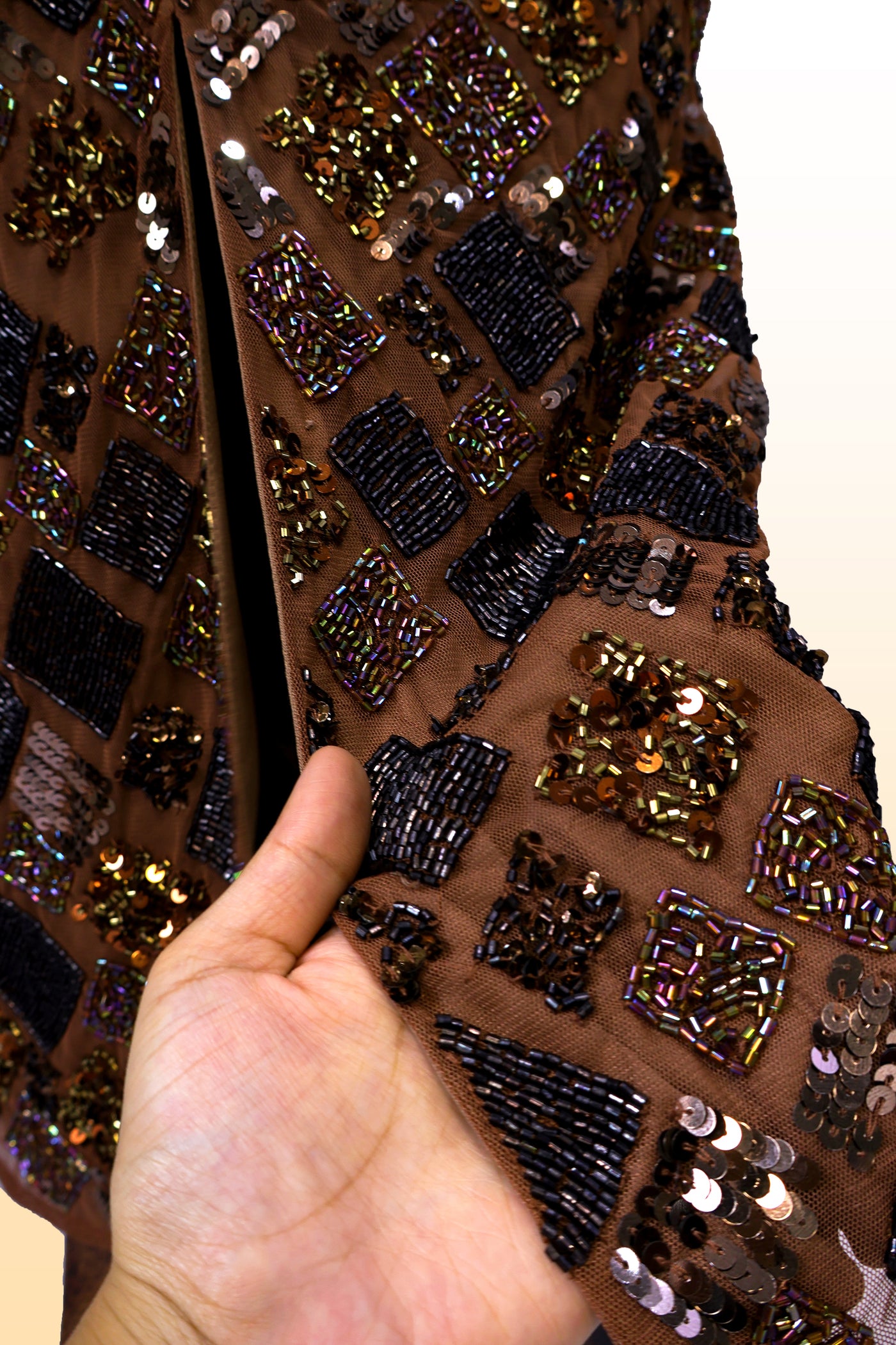 Luxury Brown Beads Embroidered Wedding Midi Dress with V- Neck and Back Slit