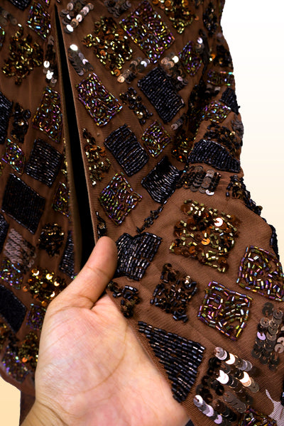 Luxury Brown Beads Embroidered Wedding Midi Dress with V- Neck and Back Slit