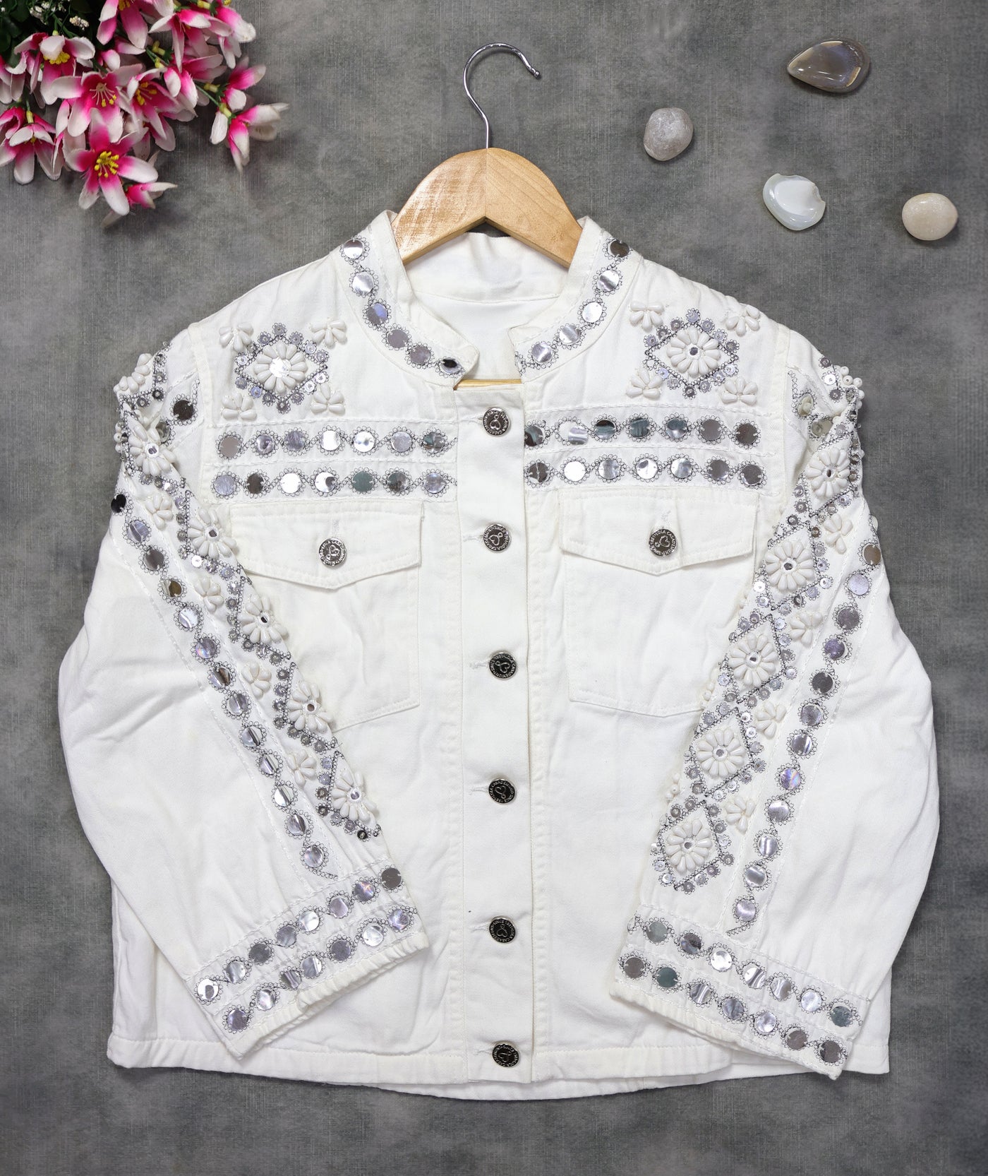 Off White Boho Coin & Shell Cotton Jacket