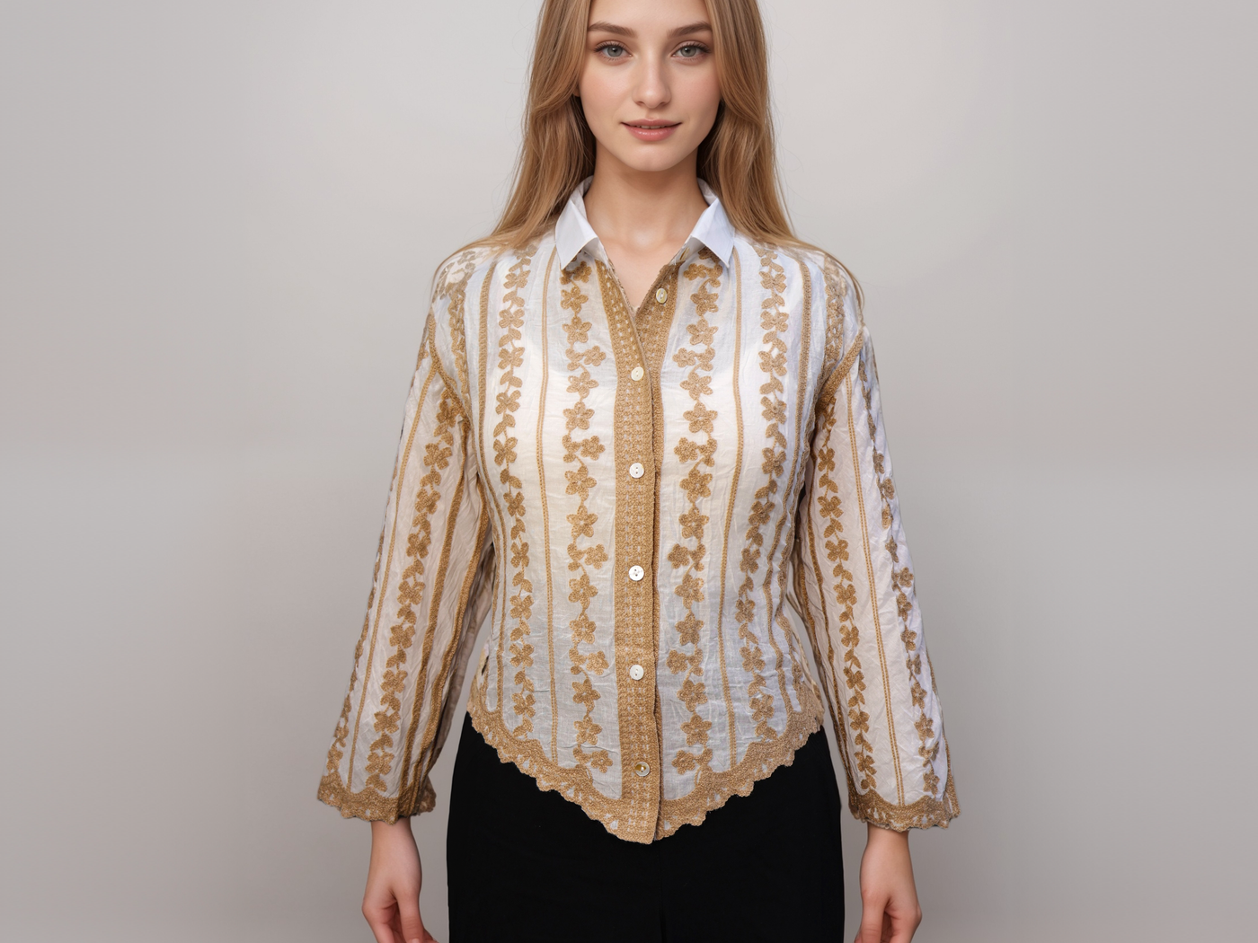 White Cotton Shirt with Beige Floral Embroidery, Women's Summer Shirt