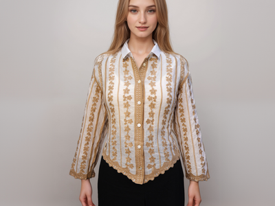 White Cotton Shirt with Beige Floral Embroidery, Women's Summer Shirt