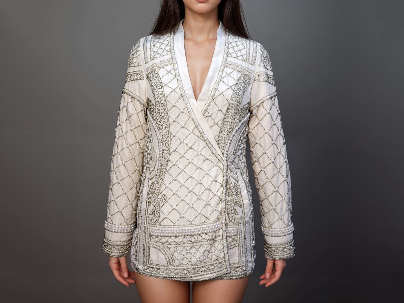 White Embellished Blazer with Glass Beads & Pearl Bead Embroidery