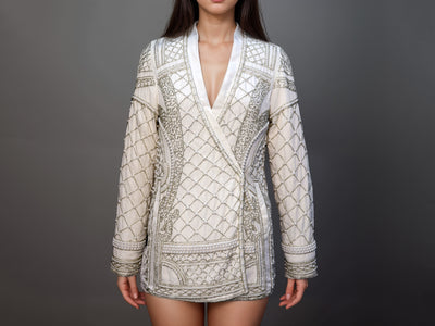 White Embellished Blazer with Glass Beads & Pearl Bead Embroidery
