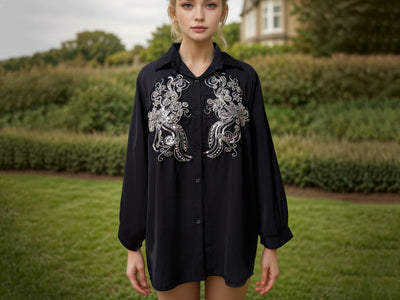 Black Free Size Shirt for Women with Cutdana and Sequin Embellishments