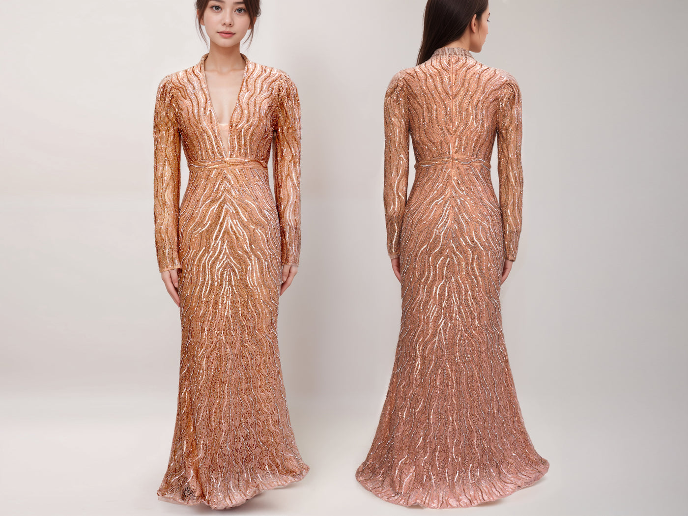 Sequin & Cutdana Embellished Peach Gown | Full Sleeves Peach Evening Gown