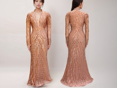 Sequin & Cutdana Embellished Peach Gown | Full Sleeves Peach Evening Gown
