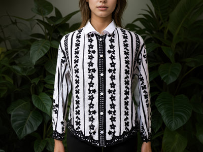 Beautiful Black Crochet Embroidered Shirt on White Cotton