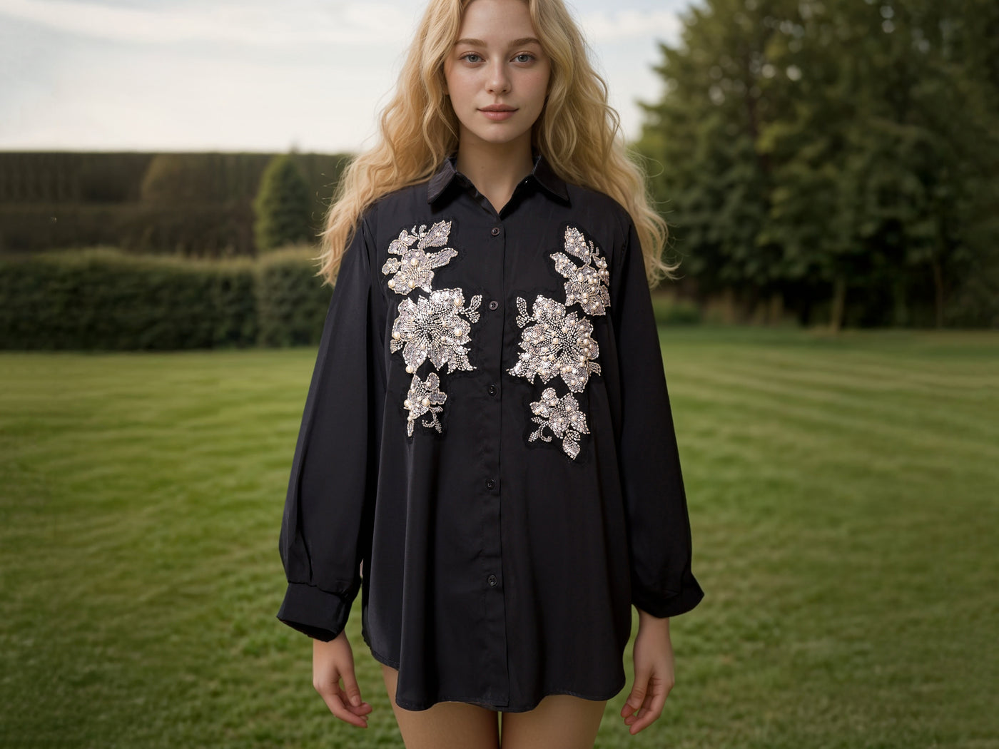 Black Shirt for Women with Pearl, Glass Beads and Sequin Embellishments Patch