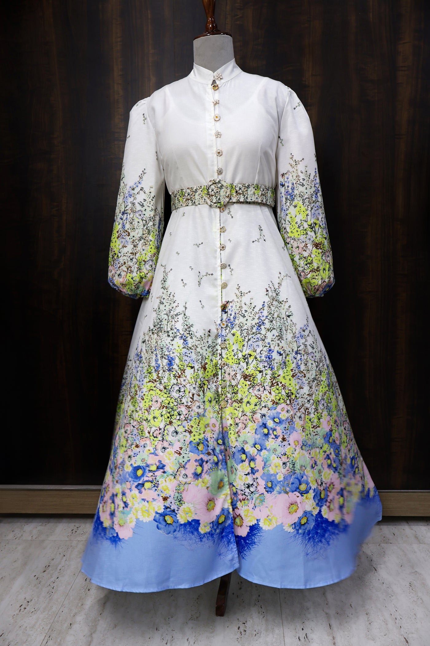 Floral French Printed A-Line Maxi dress for women with Long Balloon Sleeves