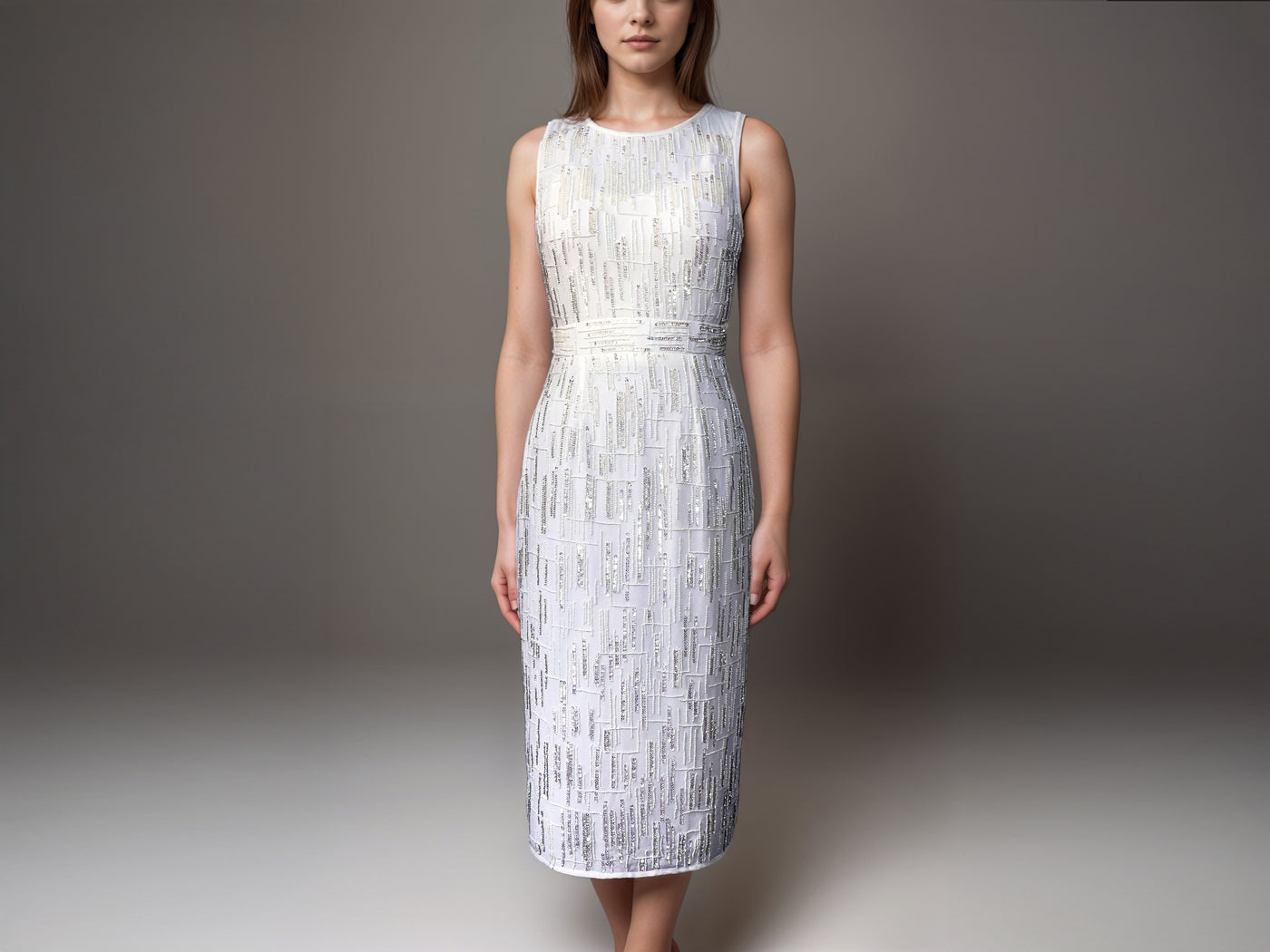 Sequin and BeadsCutdana Embellished Sleeveless White Midi Dress