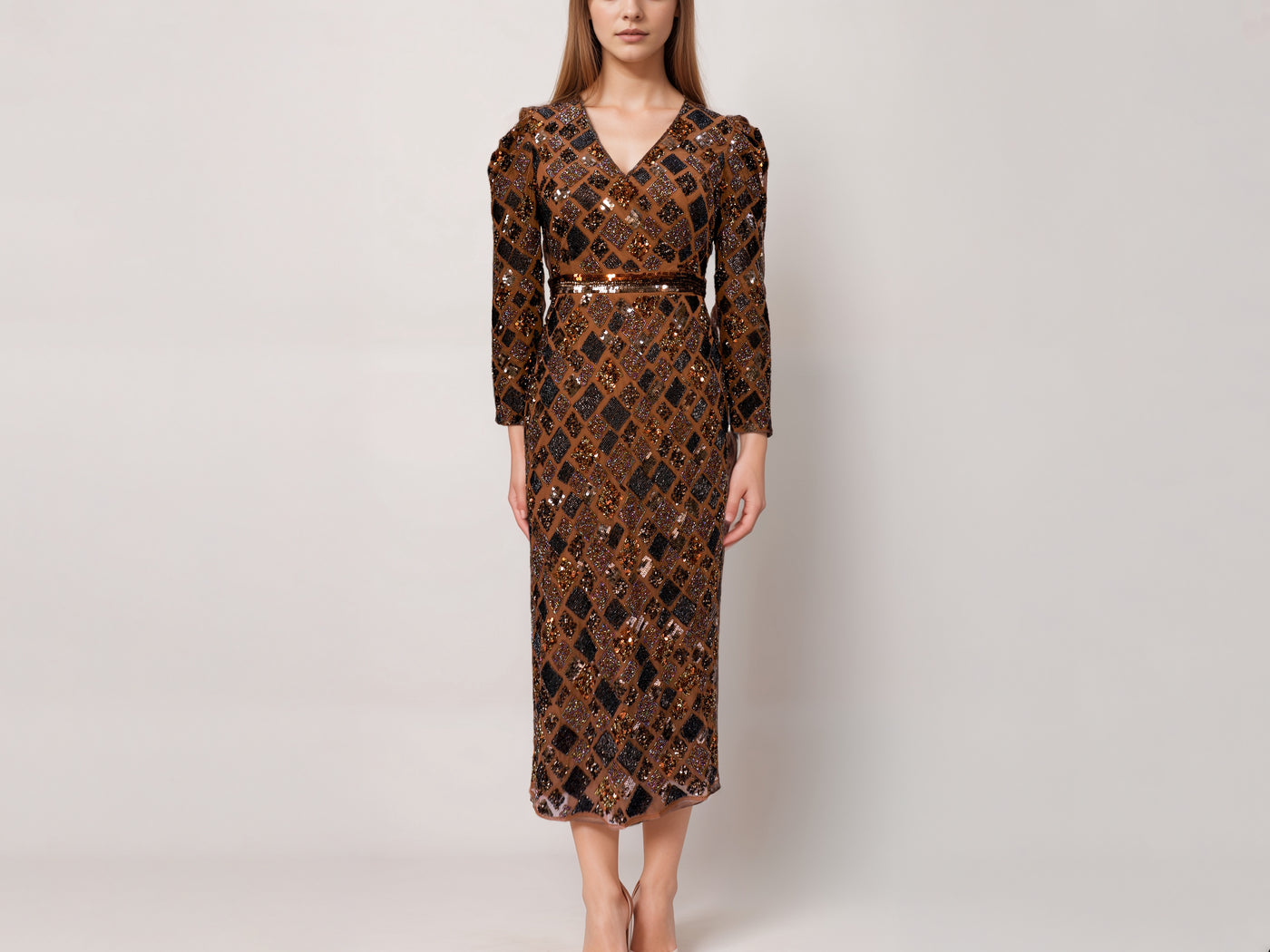 Luxury Brown Beads Embroidered Wedding Midi Dress with V- Neck and Back Slit