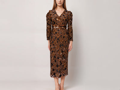 Luxury Brown Beads Embroidered Wedding Midi Dress with V- Neck and Back Slit