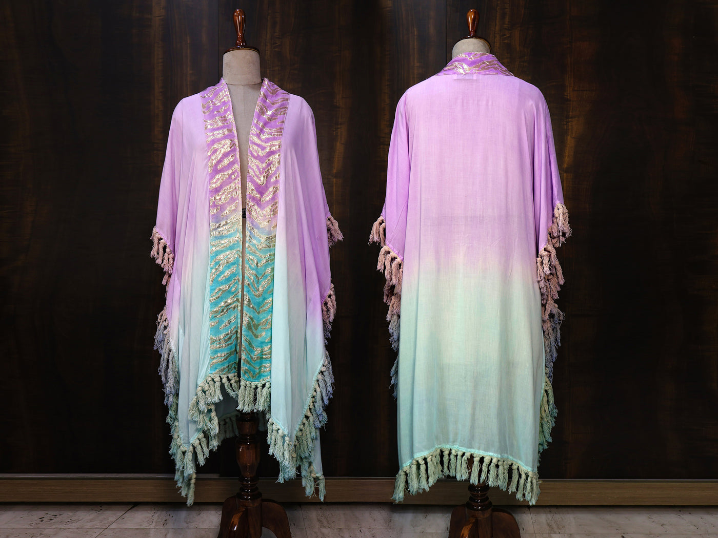 Ombre Cotton Kimono with Zari & Banarasi Border | Elegant Kaftan with Tassels