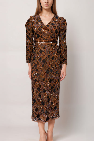 Luxury Brown Beads Embroidered Wedding Midi Dress with V- Neck and Back Slit