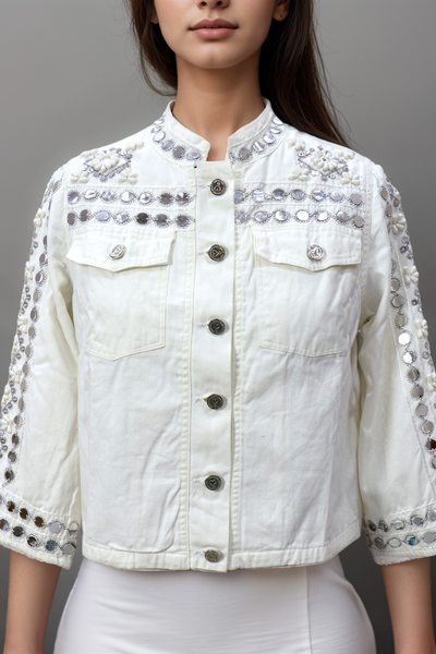 Off White Boho Coin & Shell Cotton Jacket