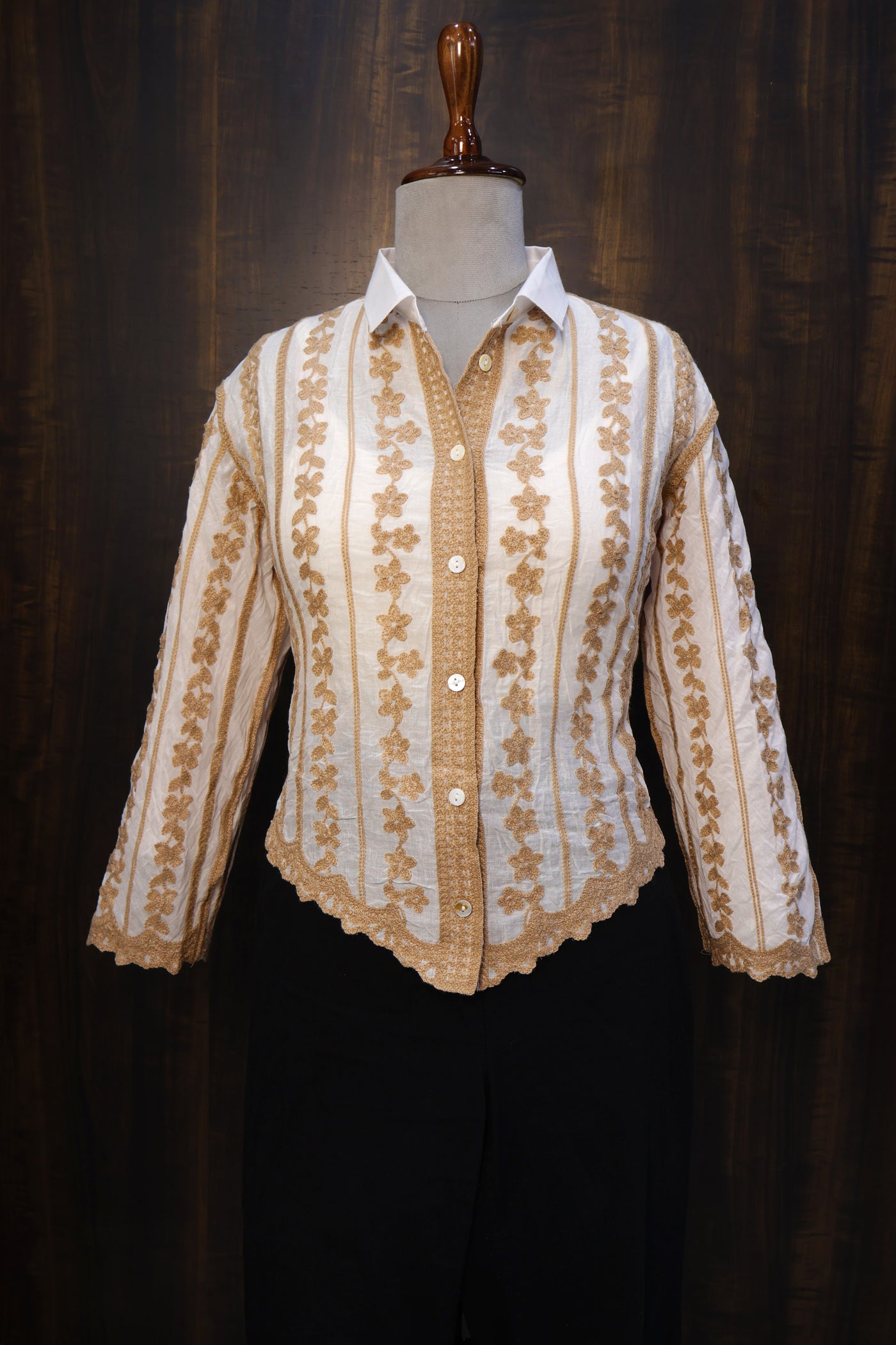 White Cotton Shirt with Beige Floral Embroidery, Women's Summer Shirt