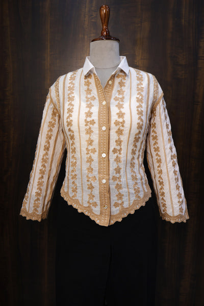 White Cotton Shirt with Beige Floral Embroidery, Women's Summer Shirt