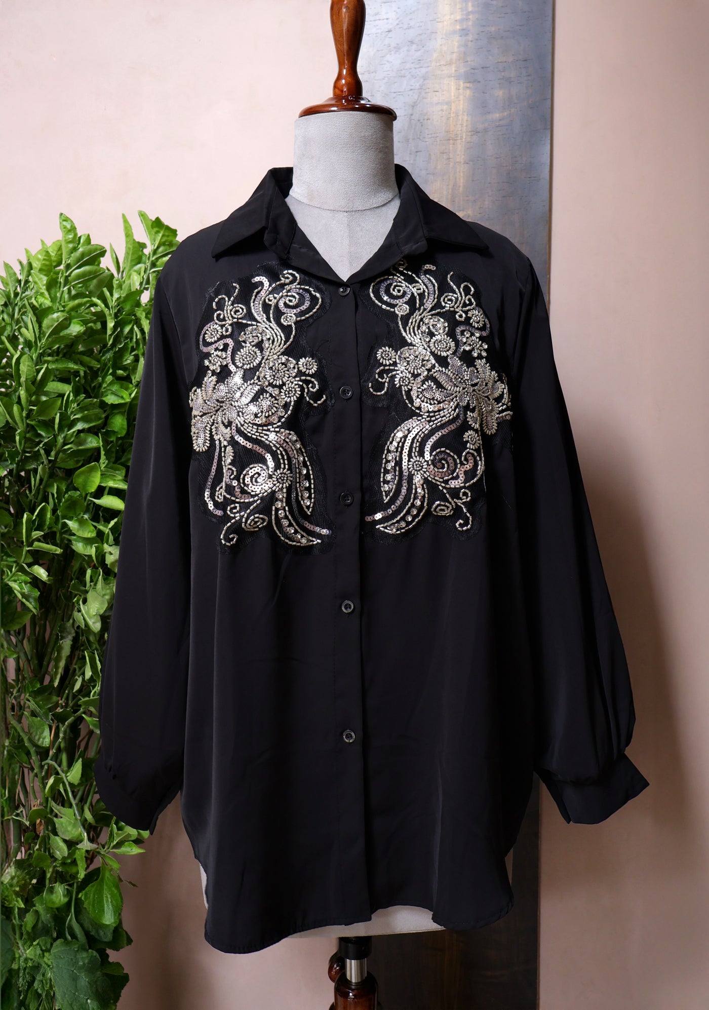 Black Free Size Shirt for Women with Cutdana and Sequin Embellishments