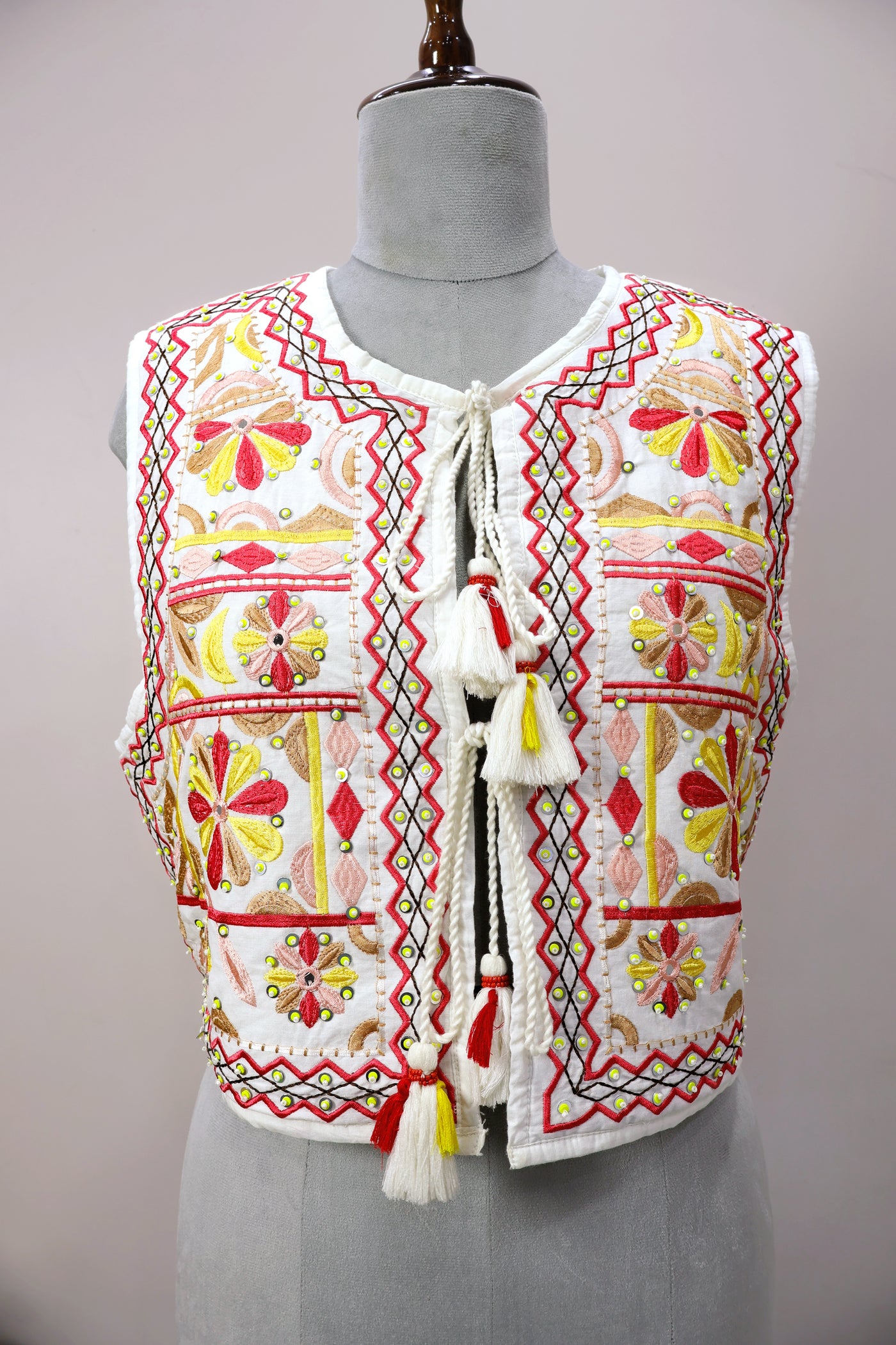 Multicolor Embroidered Indian Ethnic Vest with Tassel Tie Strings and Sequins