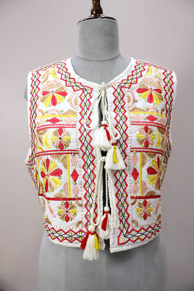 Multicolor Embroidered Indian Ethnic Vest with Tassel Tie Strings and Sequins