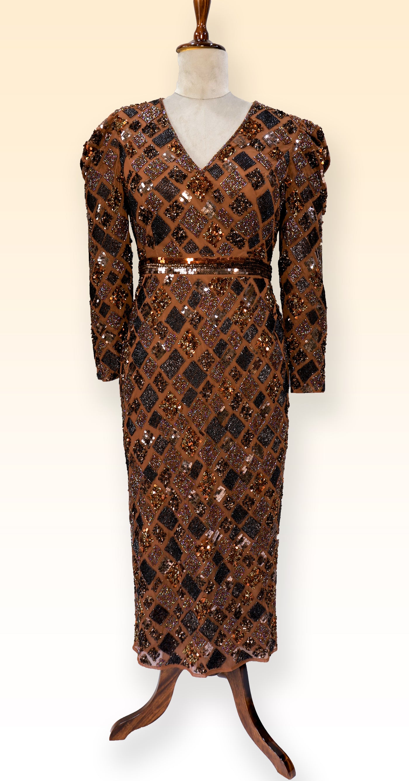 Luxury Brown Beads Embroidered Wedding Midi Dress with V- Neck and Back Slit