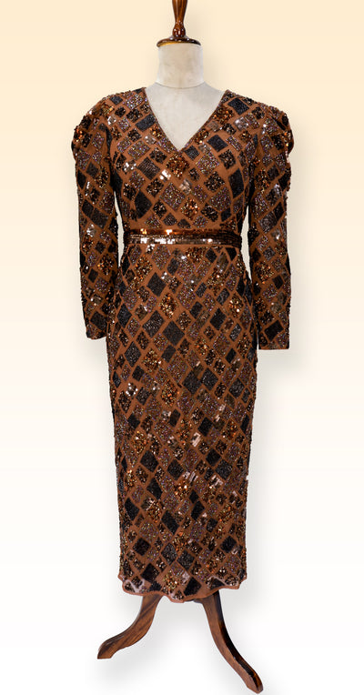 Luxury Brown Beads Embroidered Wedding Midi Dress with V- Neck and Back Slit