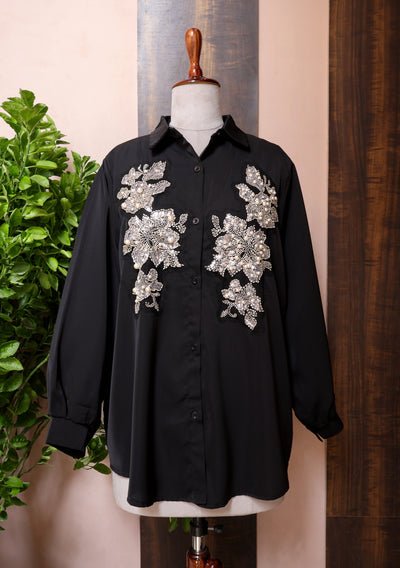 Black Shirt for Women with Pearl, Glass Beads and Sequin Embellishments Patch