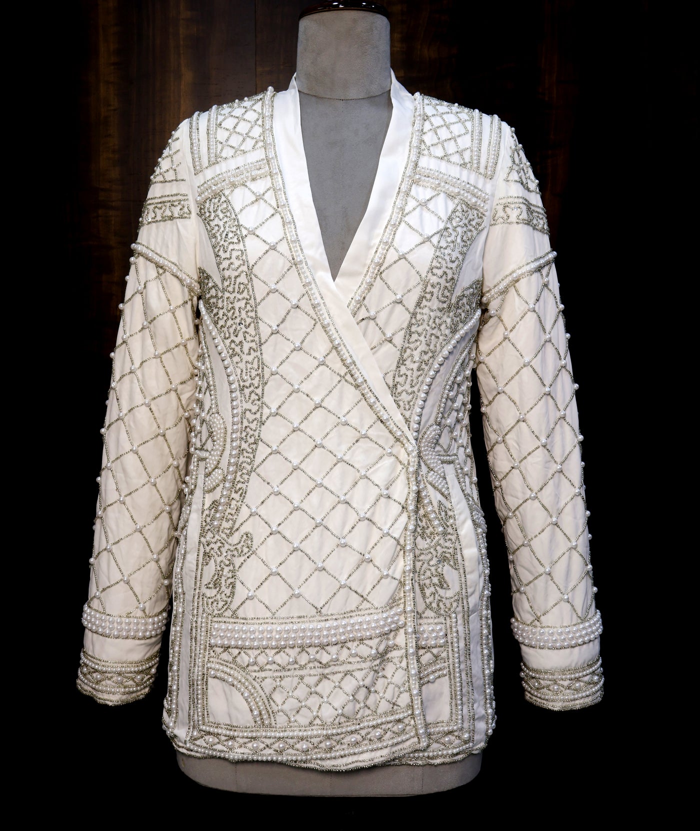 White Embellished Blazer with Glass Beads & Pearl Bead Embroidery