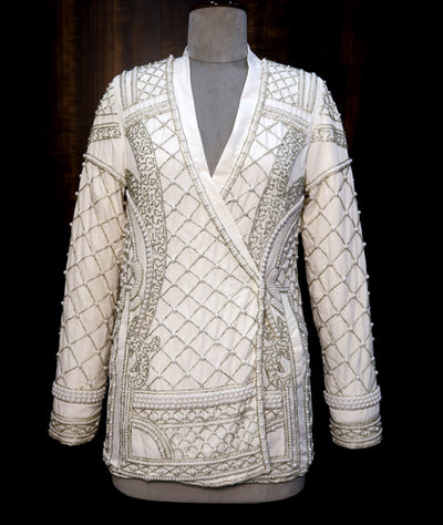 White Embellished Blazer with Glass Beads & Pearl Bead Embroidery