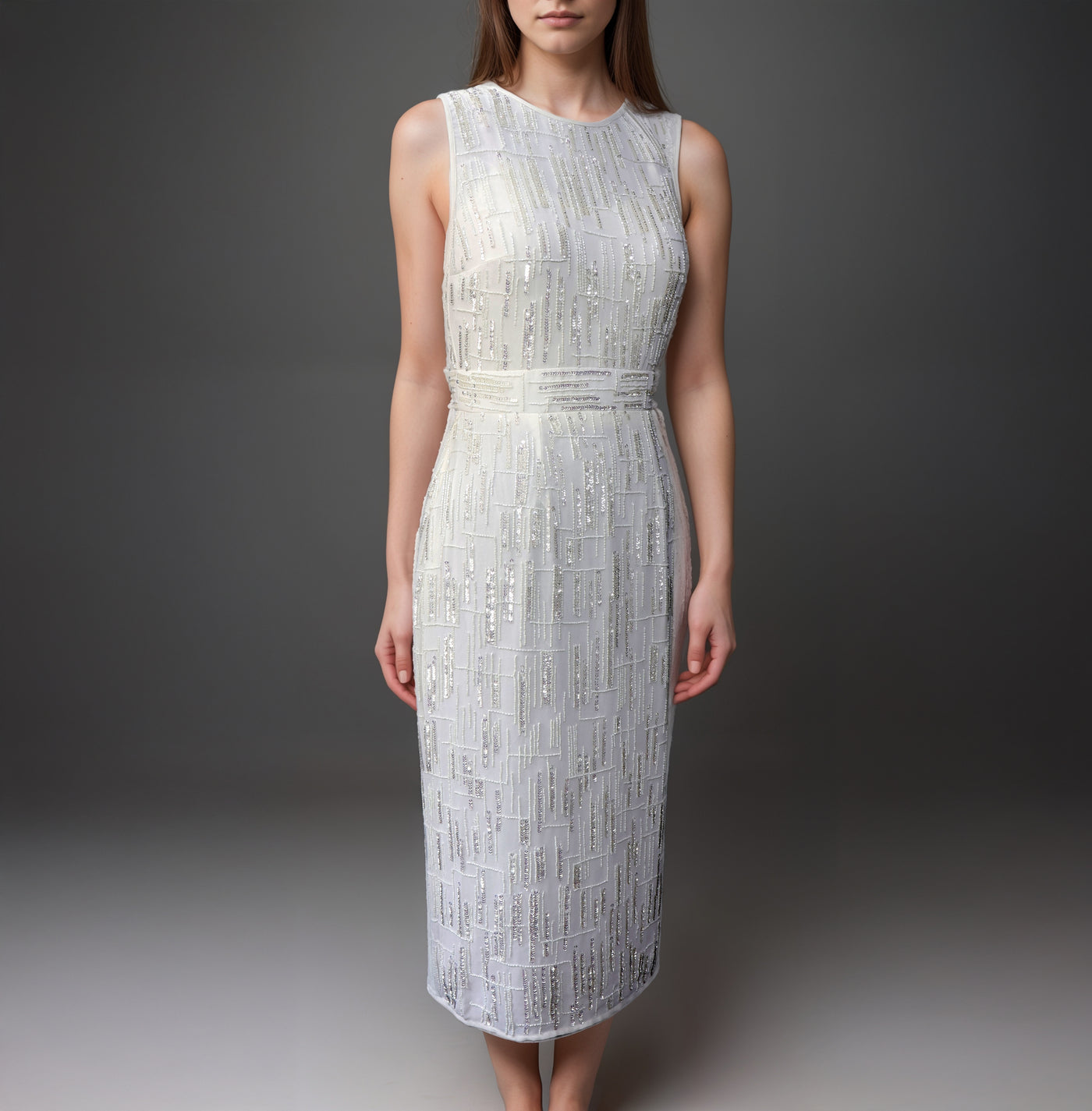 Sequin and BeadsCutdana Embellished Sleeveless White Midi Dress