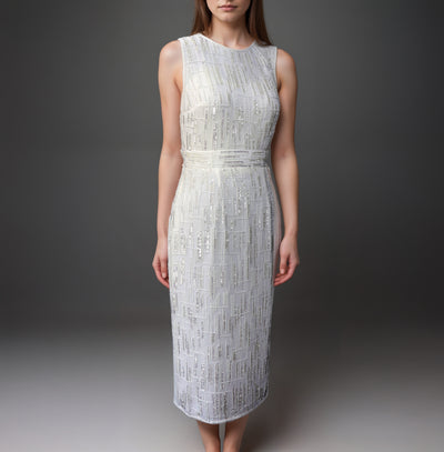Sequin and BeadsCutdana Embellished Sleeveless White Midi Dress