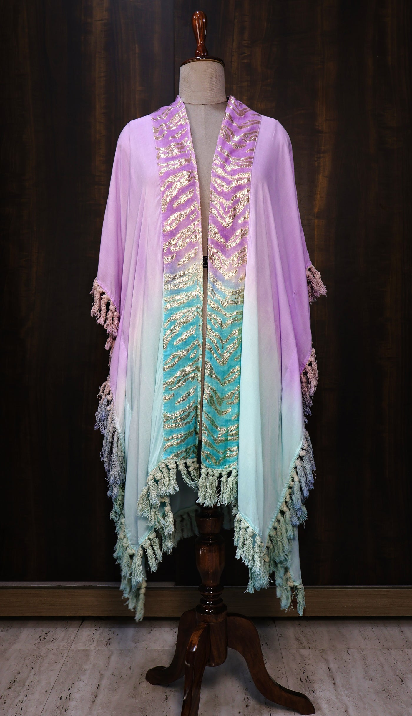 Ombre Cotton Kimono with Zari & Banarasi Border | Elegant Kaftan with Tassels