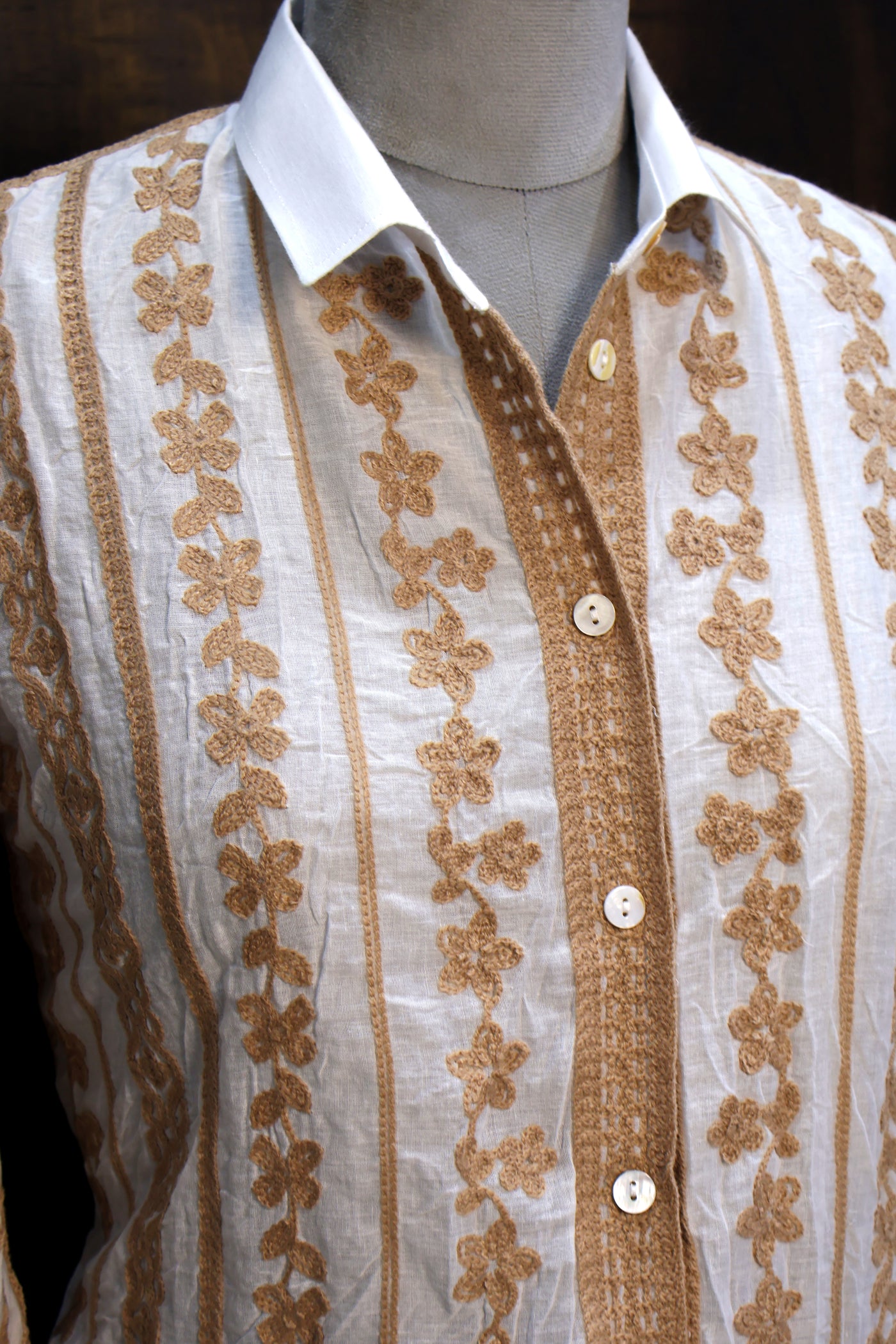 White Cotton Shirt with Beige Floral Embroidery, Women's Summer Shirt