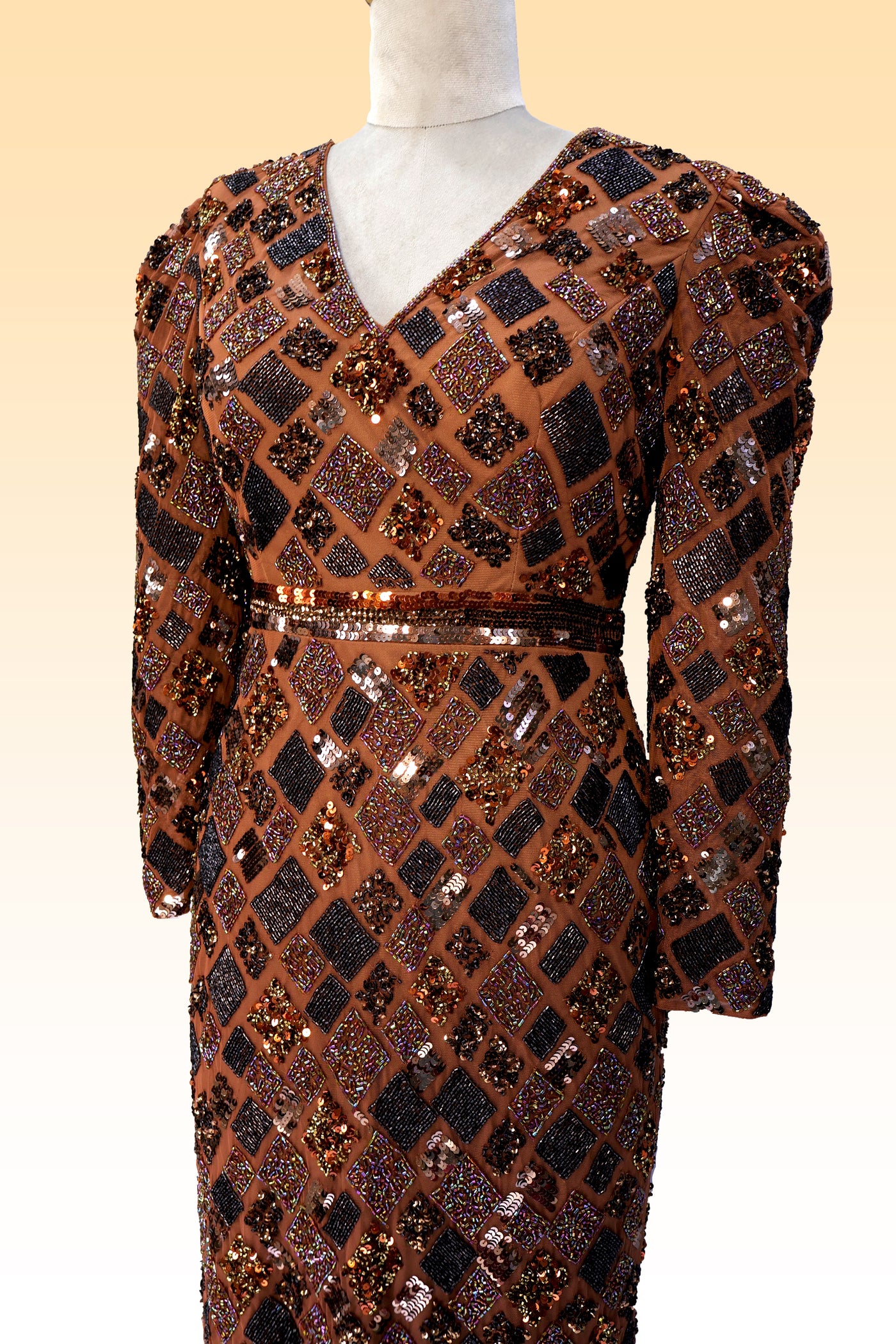 Luxury Brown Beads Embroidered Wedding Midi Dress with V- Neck and Back Slit