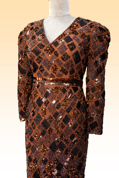 Luxury Brown Beads Embroidered Wedding Midi Dress with V- Neck and Back Slit