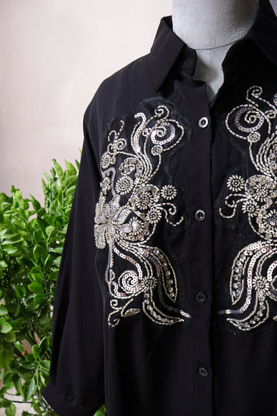 Black Free Size Shirt for Women with Cutdana and Sequin Embellishments