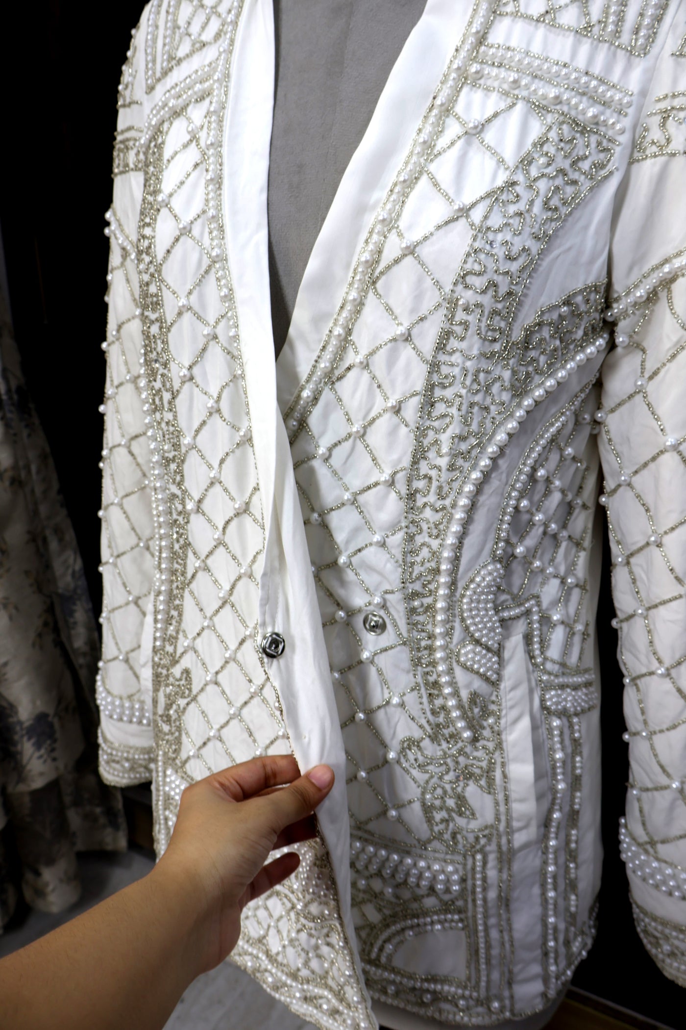 White Embellished Blazer with Glass Beads & Pearl Bead Embroidery
