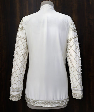 White Embellished Blazer with Glass Beads & Pearl Bead Embroidery
