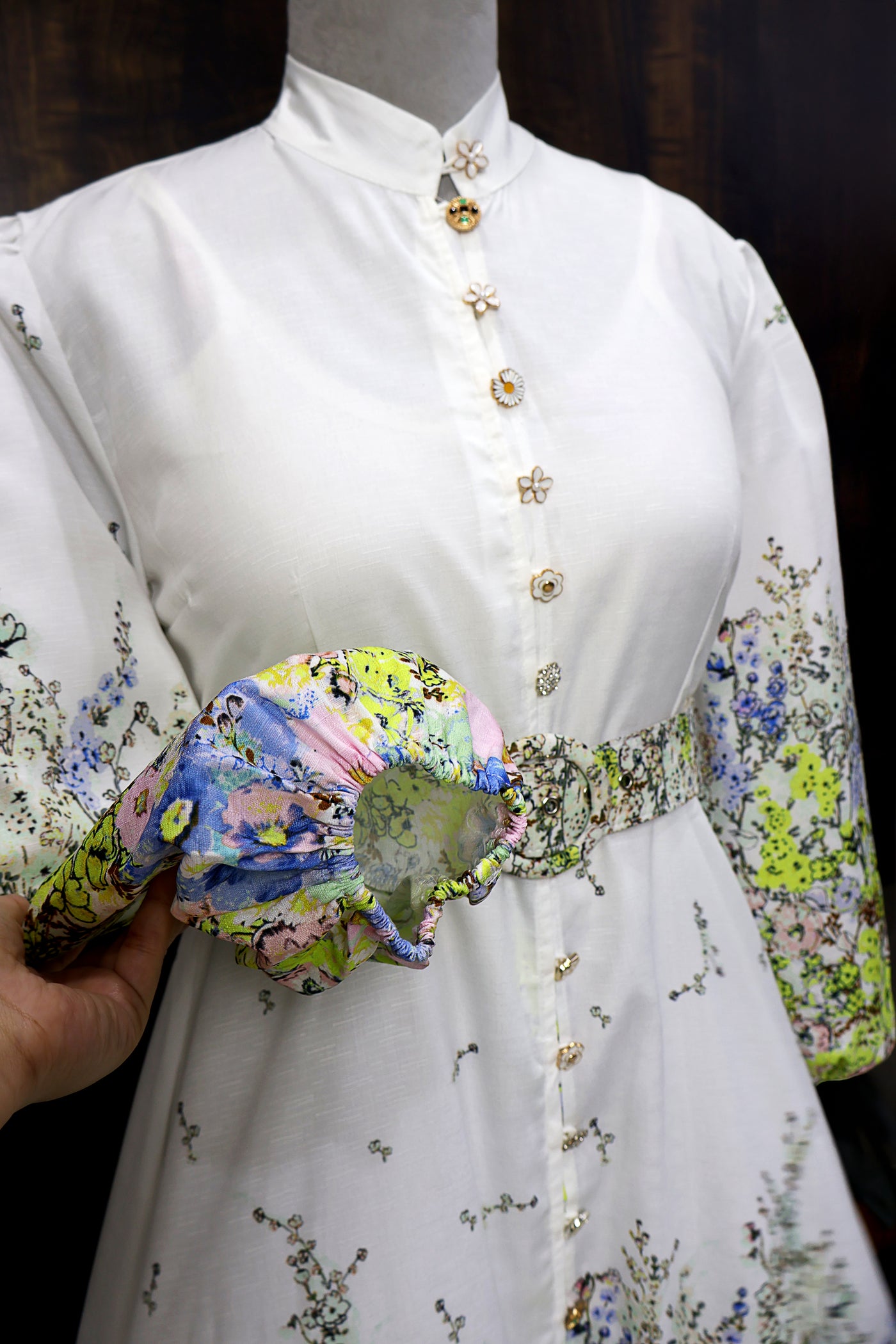 Floral French Printed A-Line Maxi dress for women with Long Balloon Sleeves