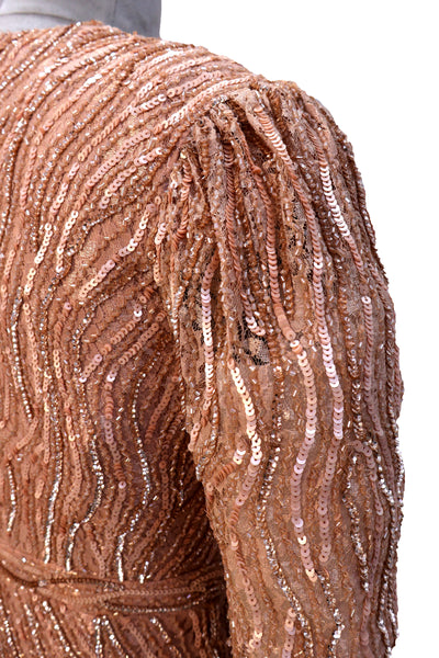 Sequin & Cutdana Embellished Peach Gown | Full Sleeves Peach Evening Gown