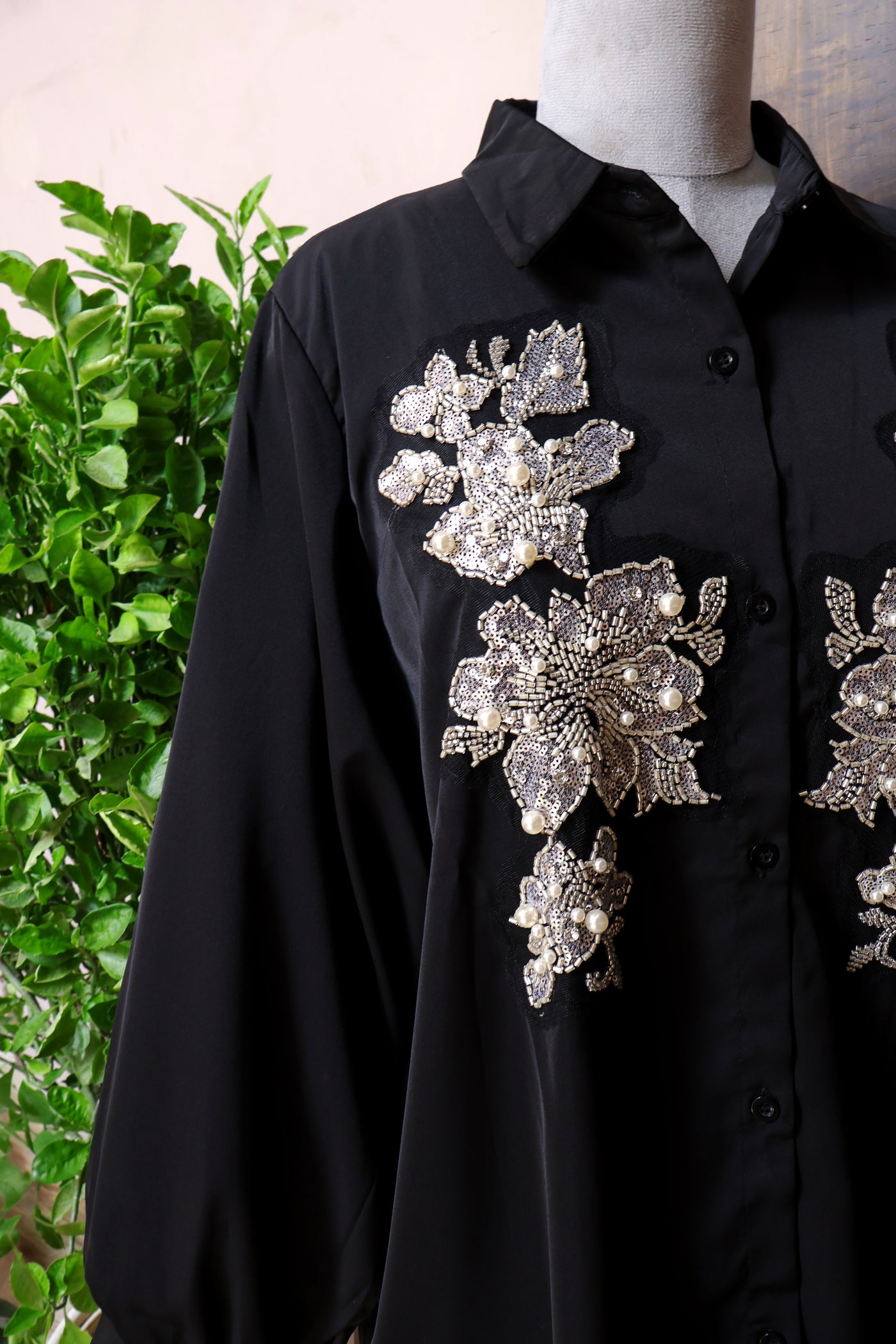 Black Shirt for Women with Pearl, Glass Beads and Sequin Embellishments Patch