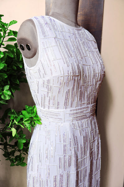Sequin and BeadsCutdana Embellished Sleeveless White Midi Dress