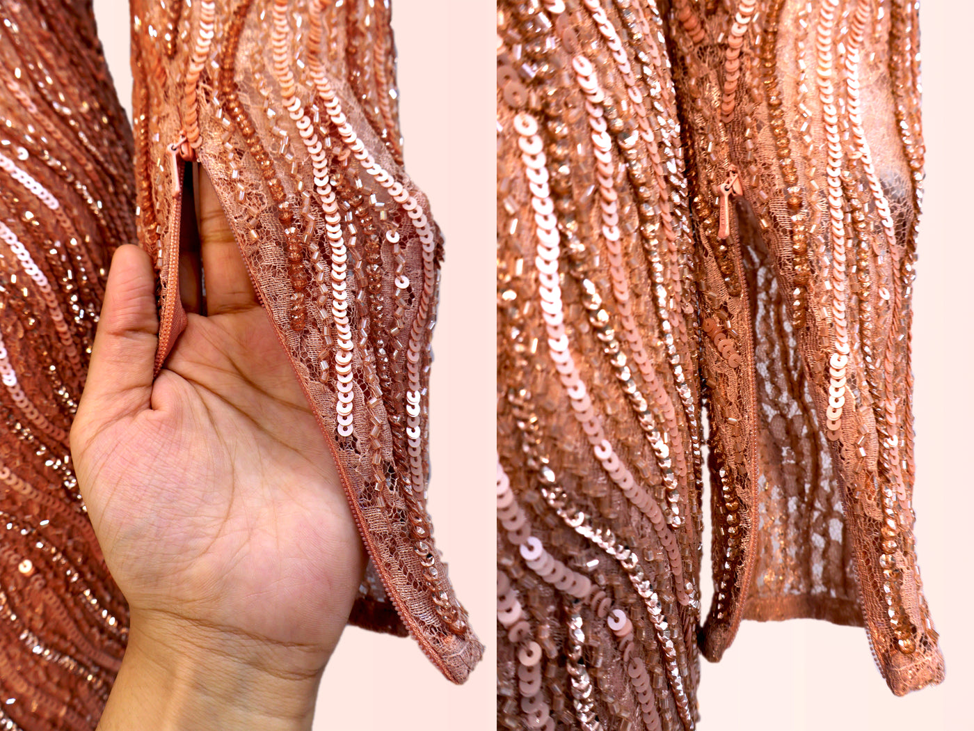 Sequin & Cutdana Embellished Peach Gown | Full Sleeves Peach Evening Gown