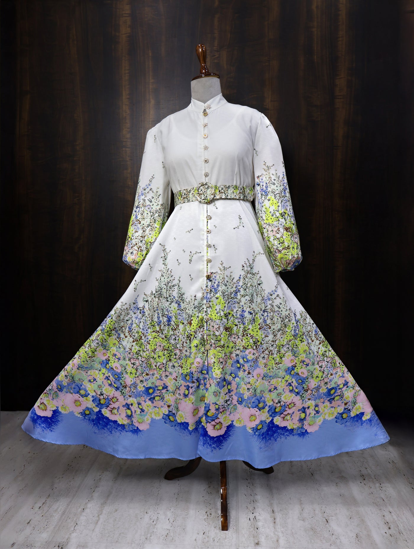 Floral French Printed A-Line Maxi dress for women with Long Balloon Sleeves