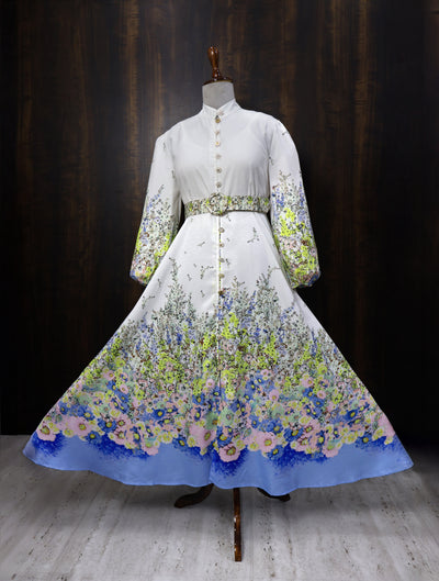 Floral French Printed A-Line Maxi dress for women with Long Balloon Sleeves