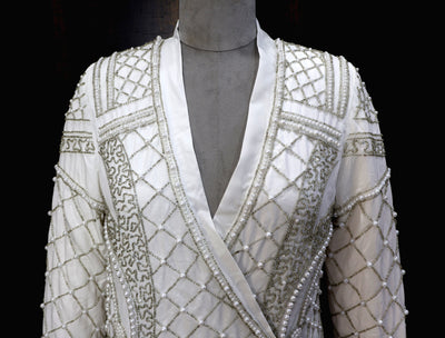 White Embellished Blazer with Glass Beads & Pearl Bead Embroidery