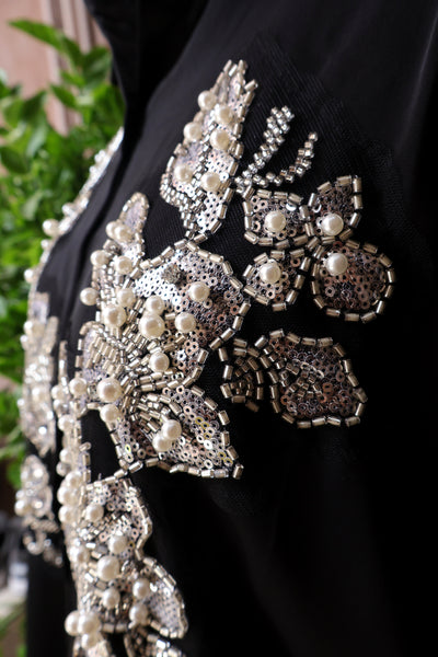 Black Shirt for Women with Pearl, Glass Beads and Sequin Embellishments Patch
