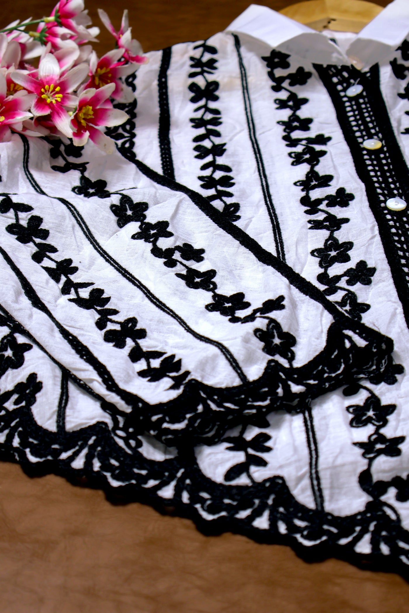 Beautiful Black Crochet Embroidered Shirt on White Cotton