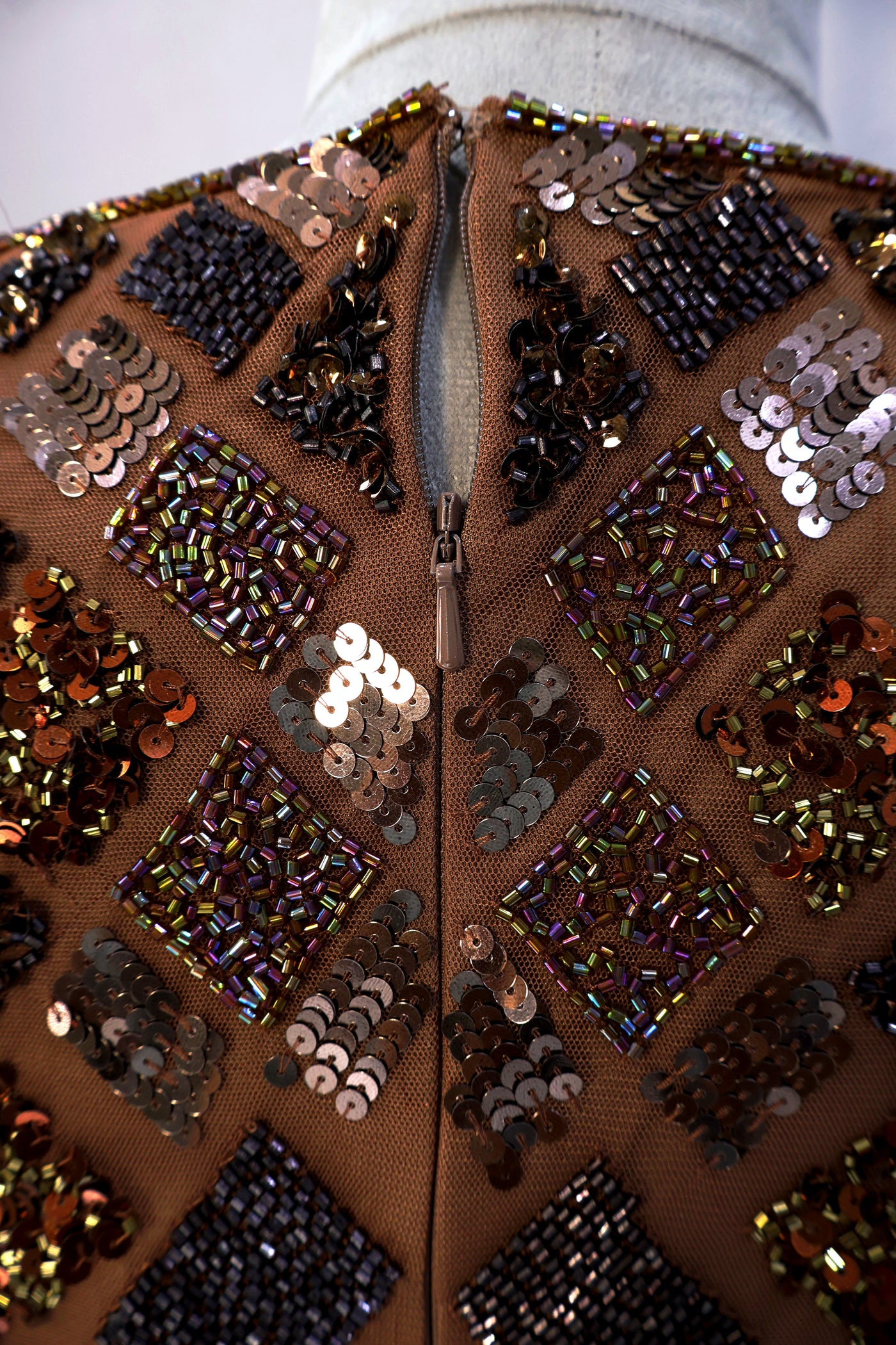 Luxury Brown Beads Embroidered Wedding Midi Dress with V- Neck and Back Slit