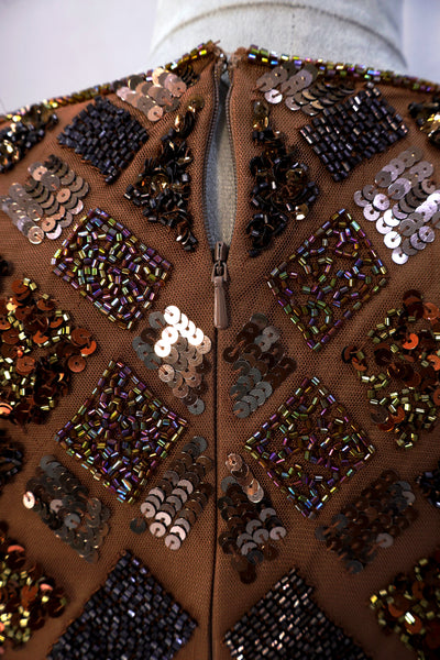 Luxury Brown Beads Embroidered Wedding Midi Dress with V- Neck and Back Slit